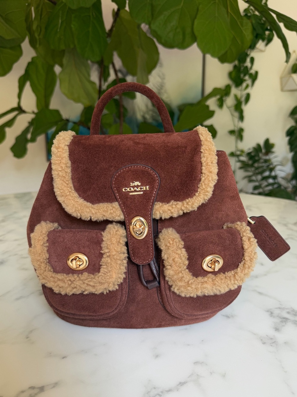 Coach Hadley Backpack Vintage Brown Multi Suede Shearling & Smooth Leather CCZ25
